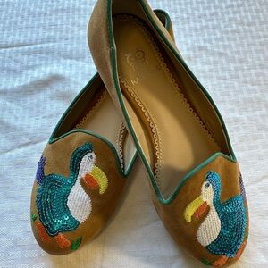 Tan Suede Flats with Teal Embroidered Dodo by Rara Avis